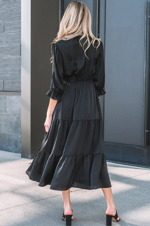 Elegant LuckeLadybug LLC fit & flare black maxi dress with tiered skirt and puff sleeves
