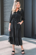 LuckeLadybug LLC Fit & Flare black dress with pockets, perfect for casual outings, and maxi dress.