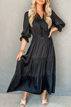 Black LuckeLadybug LLC fit and flare maxi dress with puff sleeves and tiered skirt