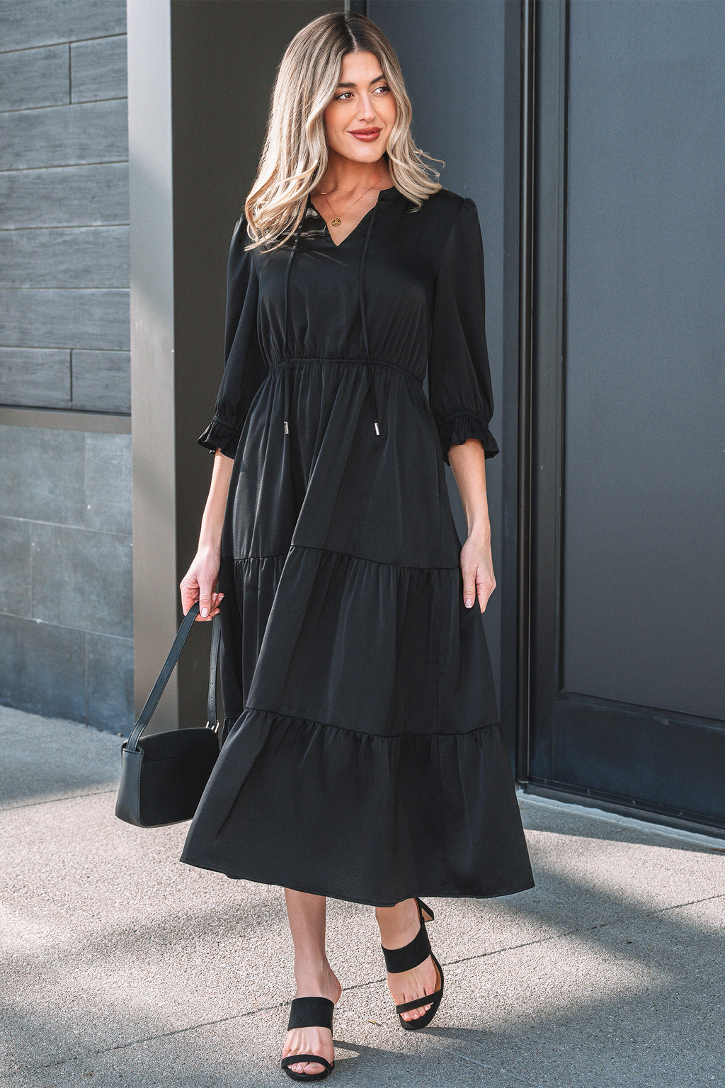 LuckeLadybug LLC Black Fit & Flare Dress and maxi dress with puff sleeves and tiered design