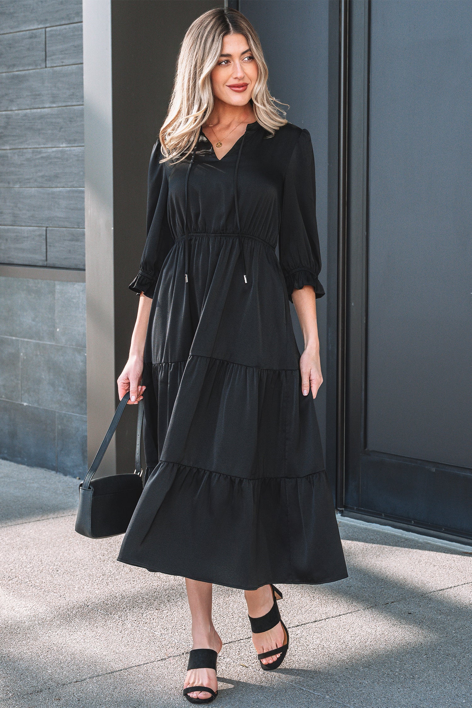 LuckeLadybug LLC Black Fit & Flare Dress and maxi dress with puff sleeves and tiered design