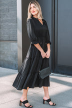 LuckeLadybug LLC Black Fit & Flare maxi dress with tiered design and stylish sleeves