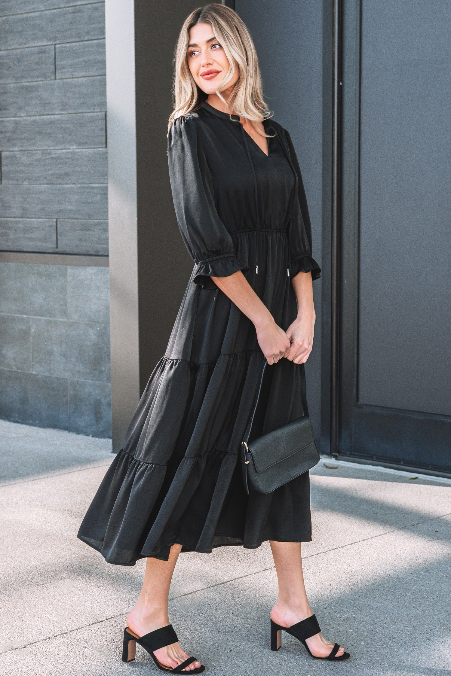 LuckeLadybug LLC Black Fit & Flare maxi dress with tiered design and stylish sleeves
