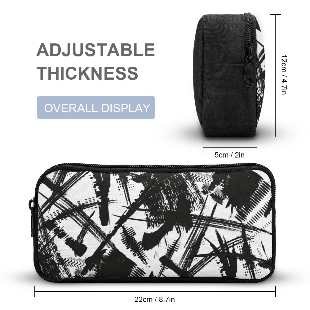 Inkedjoy black and white backpack set featuring adjustable thickness pencil case with bold graphic design