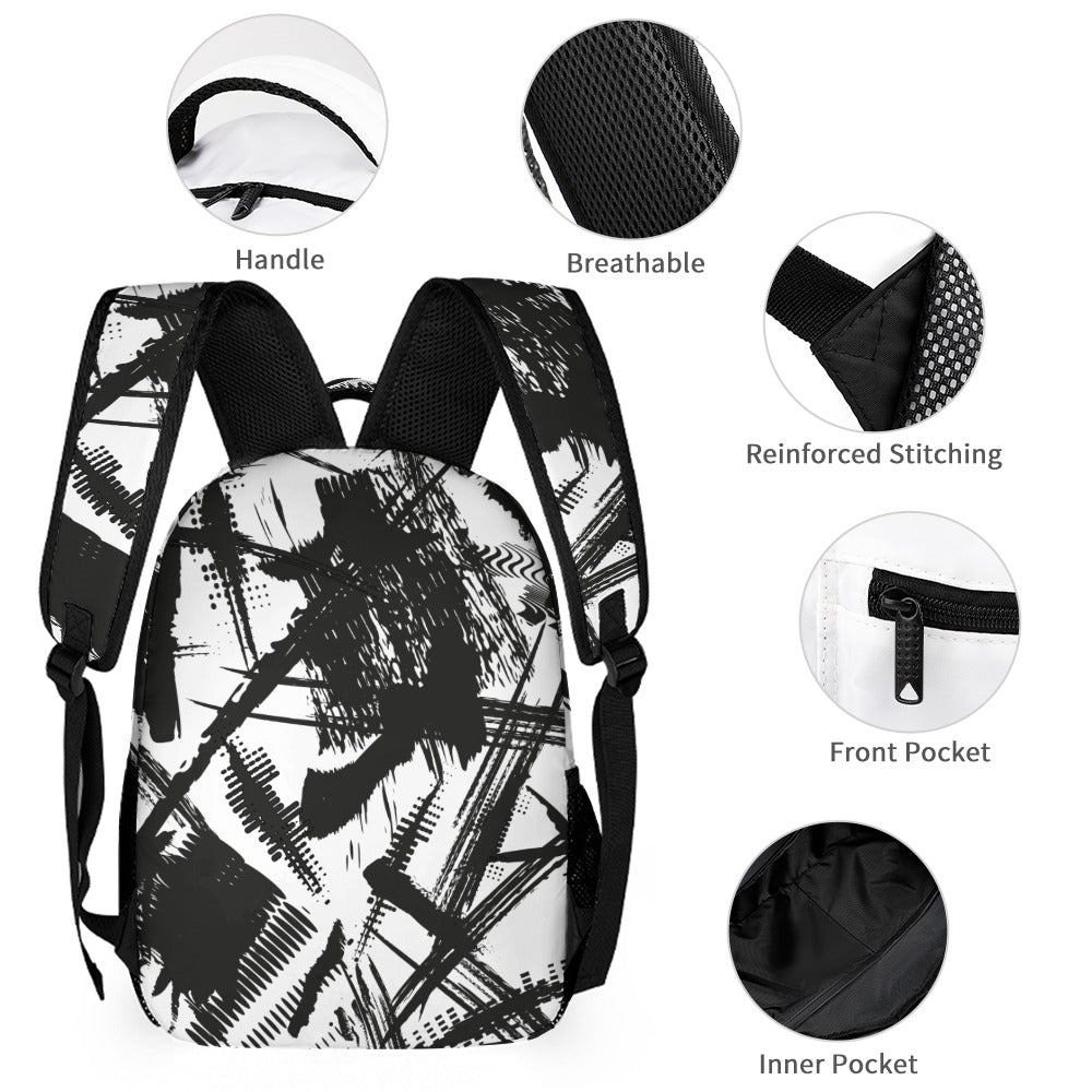 Inkedjoy black and white backpack set featuring breathable material and multiple pockets
