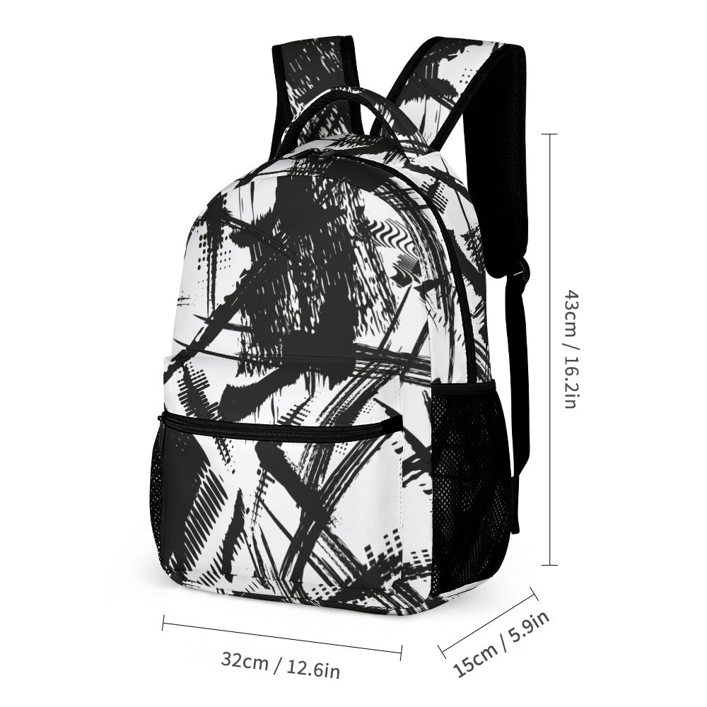 Inkedjoy black and white backpack set with abstract design, perfect for school or travel