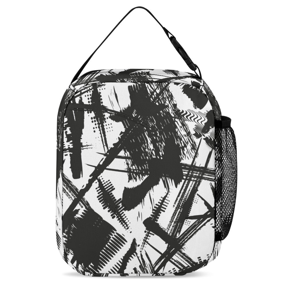 Inkedjoy black and white backpack set featuring a stylish abstract design and side mesh pocket