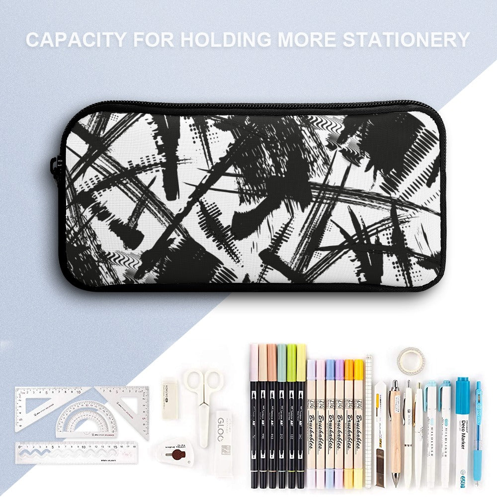 Inkedjoy black and white backpack set with stylish pencil case and assorted stationery supplies