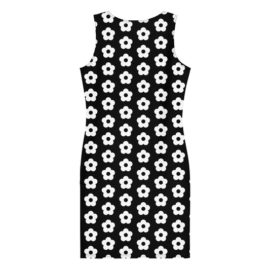 LuckeLadybug black and white bodycon dress with sleeveless design and floral pattern