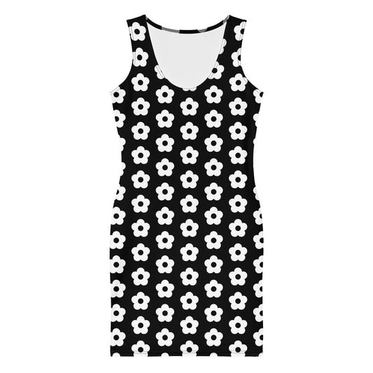 LuckeLadybug black and white bodycon dress with white floral pattern and sleeveless design