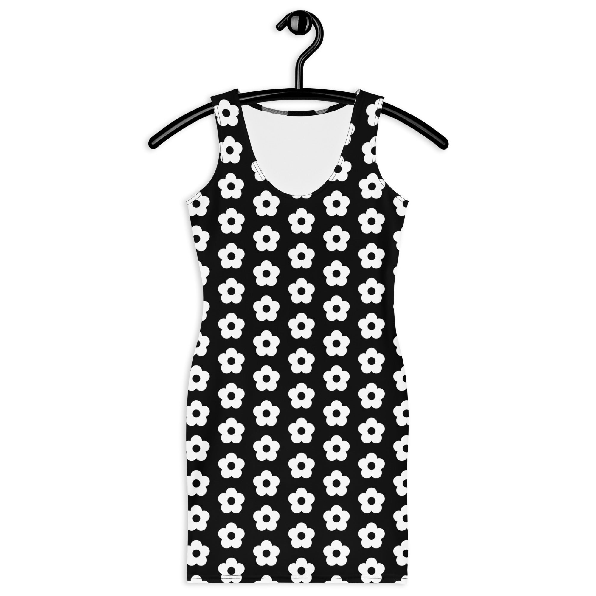 LuckeLadybug black and white bodycon dress with sleeveless design and white floral pattern