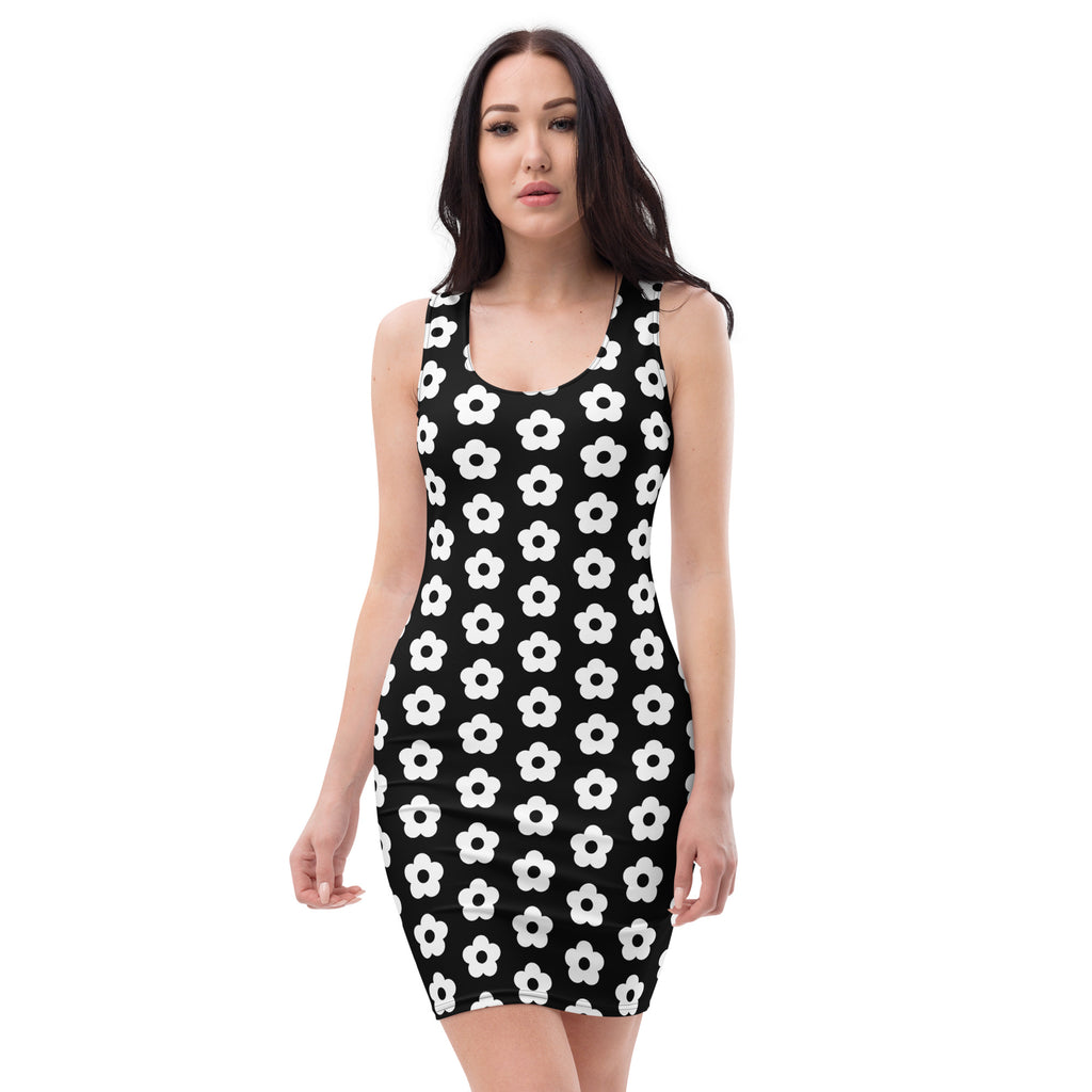 Black and white bodycon dress with floral pattern sleeveless design by LuckeLadybug