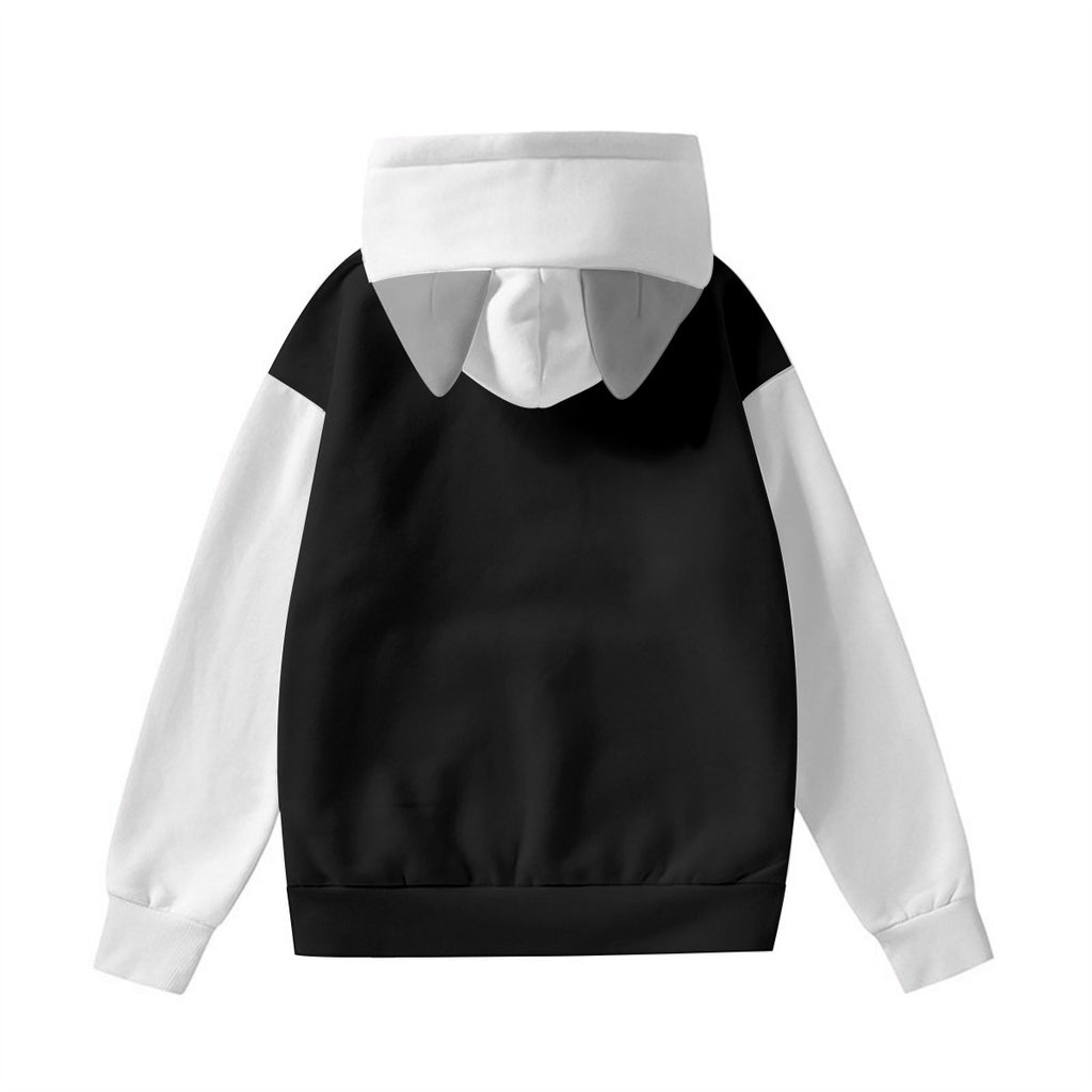 black and white kawaii hoodie with cute ear details on the hood for a playful look