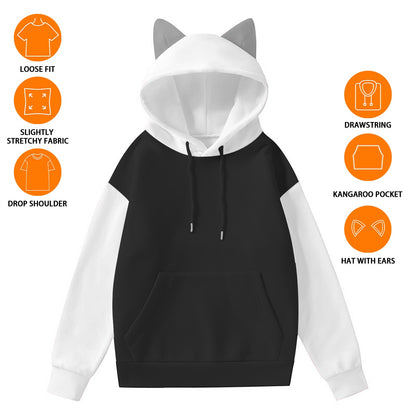 black and white kawaii hoodie with cat ear hood and kangaroo pocket