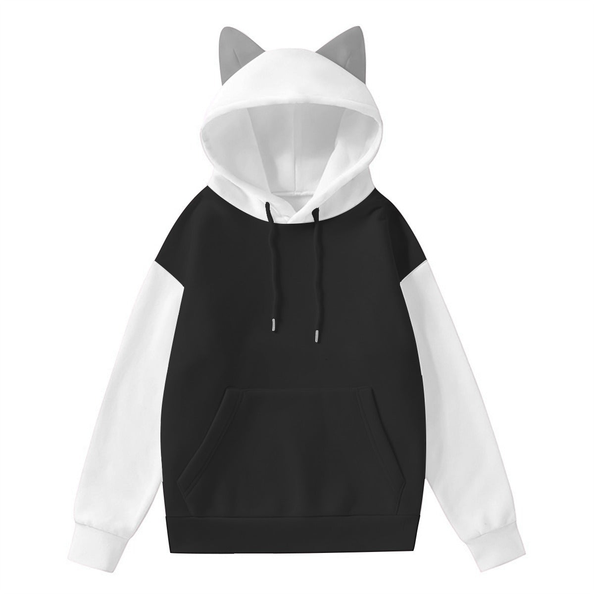 black and white kawaii hoodie with cat ear hood and front pocket