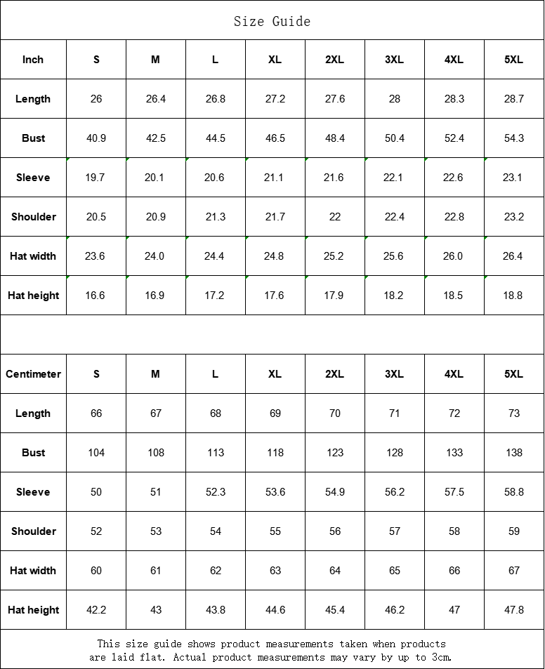 black and white kawaii hoodie size guide showing measurements in inches and centimeters