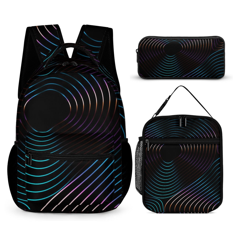 Inkedjoy black backpack three-piece set with stylish abstract swirl design and multiple storage options