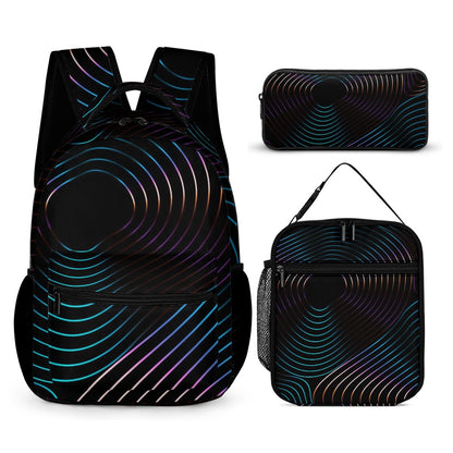 Inkedjoy black backpack three-piece set with stylish abstract swirl design and multiple storage options