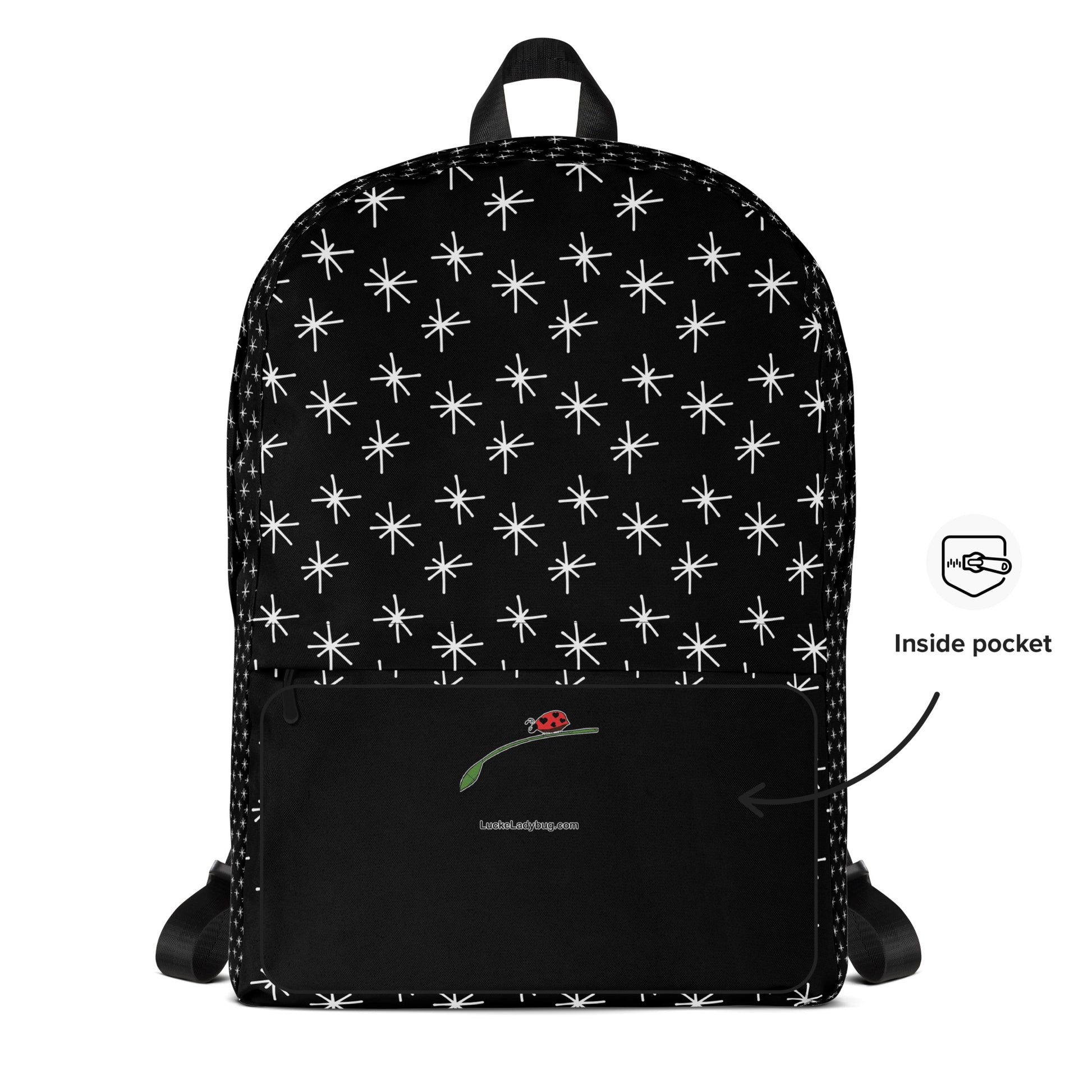 LuckeLadybug black backpack with white stars featuring an inside pocket for added storage