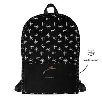 LuckeLadybug black backpack with white stars featuring an inside pocket for added storage