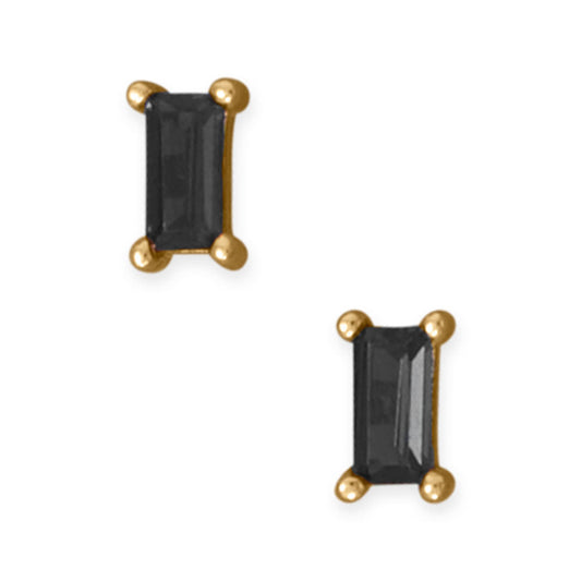 LuckeLadybug LLC black baguette CZ stud earrings with gold settings for a chic look