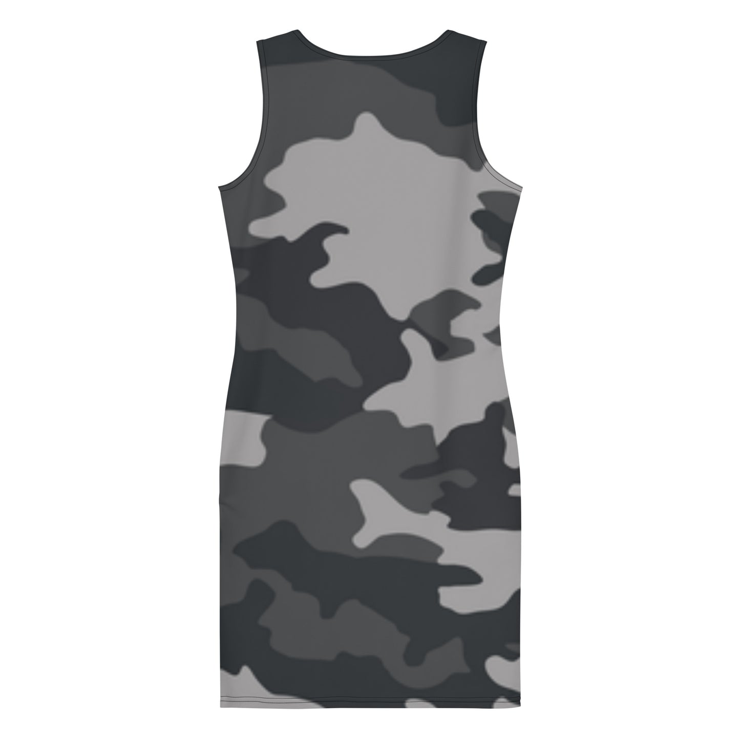 LuckeLadybug black camouflage bodycon dress sleeveless fitted style with gray and black pattern