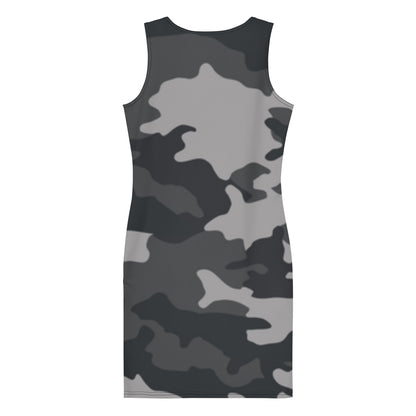 LuckeLadybug black camouflage bodycon dress sleeveless fitted style with gray and black pattern