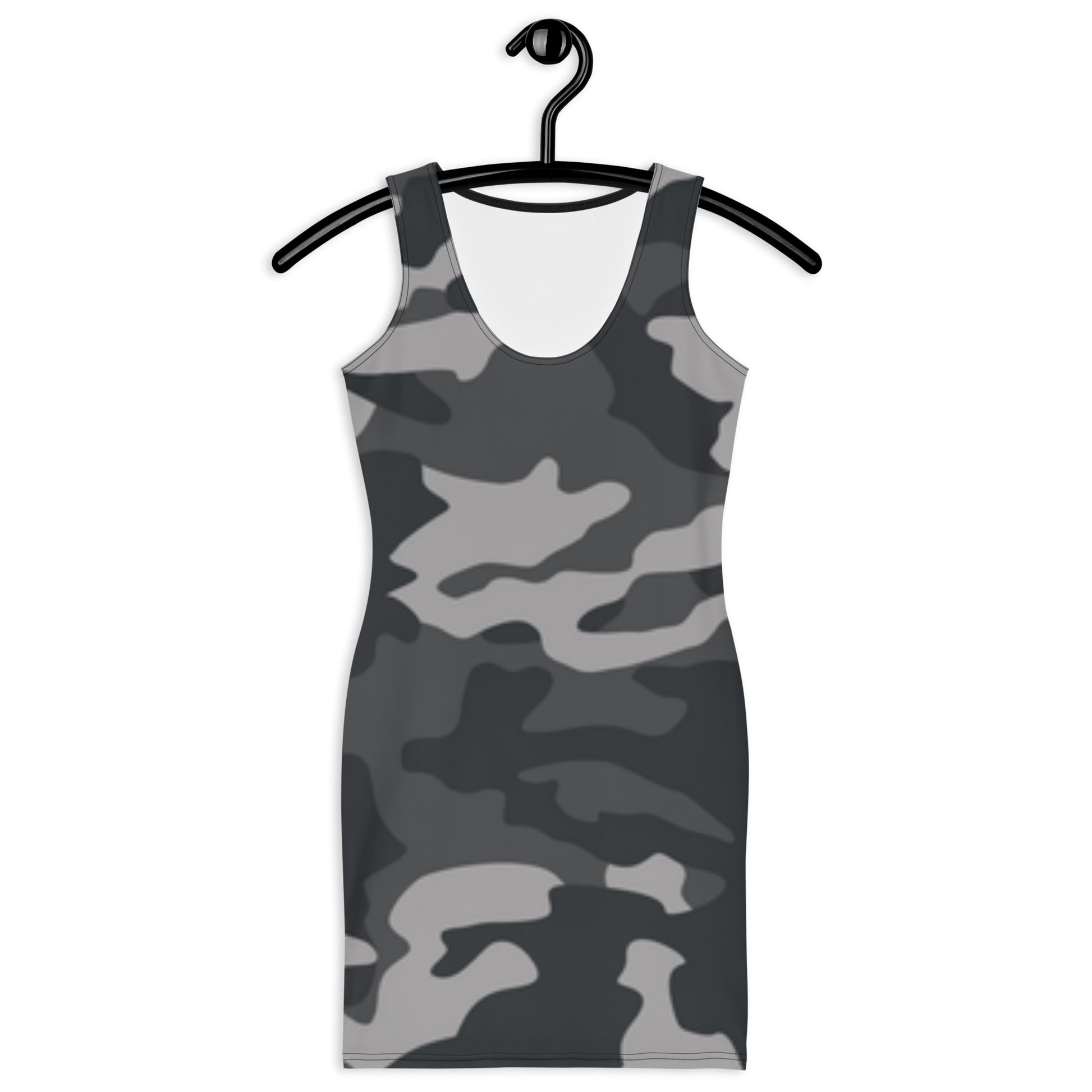 Black camouflage bodycon dress with sleeveless design and scoop neckline hanging on black hanger