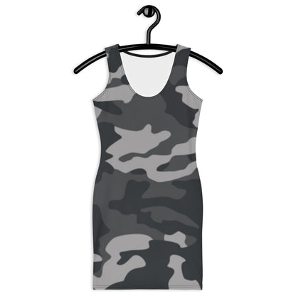 Black camouflage bodycon dress with sleeveless design and scoop neckline hanging on black hanger