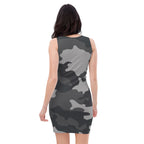 Back view of black camouflage bodycon dress by LuckeLadybug fitted sleeveless style