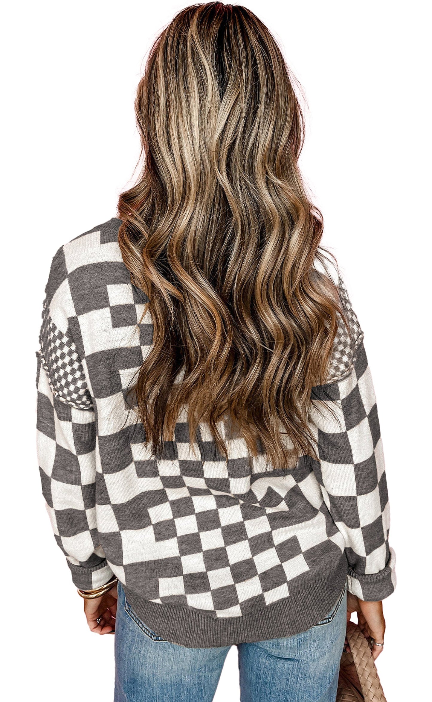 Women's black checkered sweater women featuring a stylish checkered pattern and relaxed fit