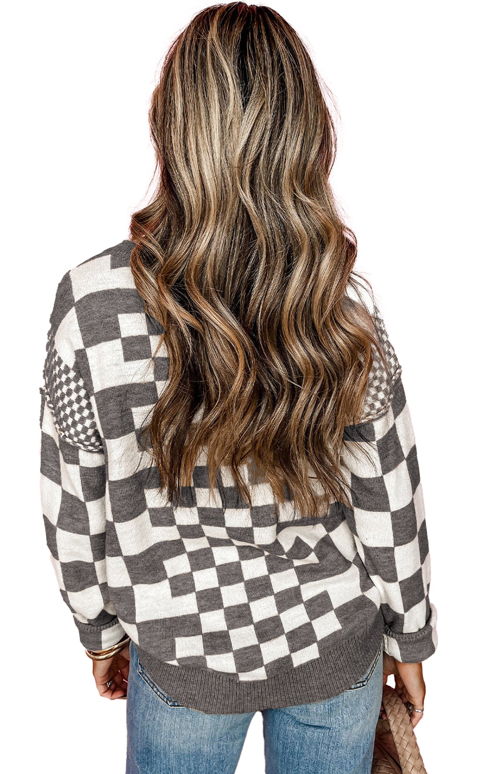 Women's black checkered sweater women featuring a stylish checkered pattern and relaxed fit