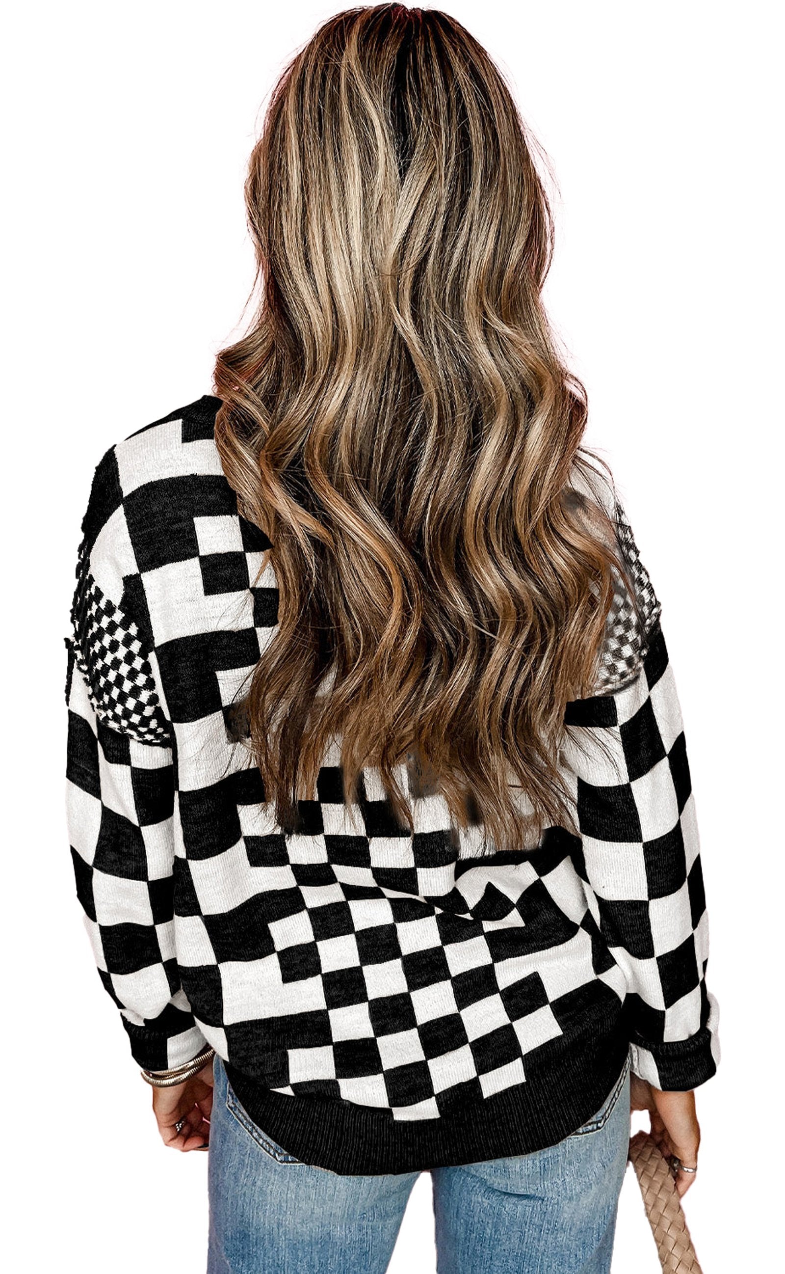 Stylish black checkered sweater women with a trendy loose fit and unique pattern, perfect for casual wear