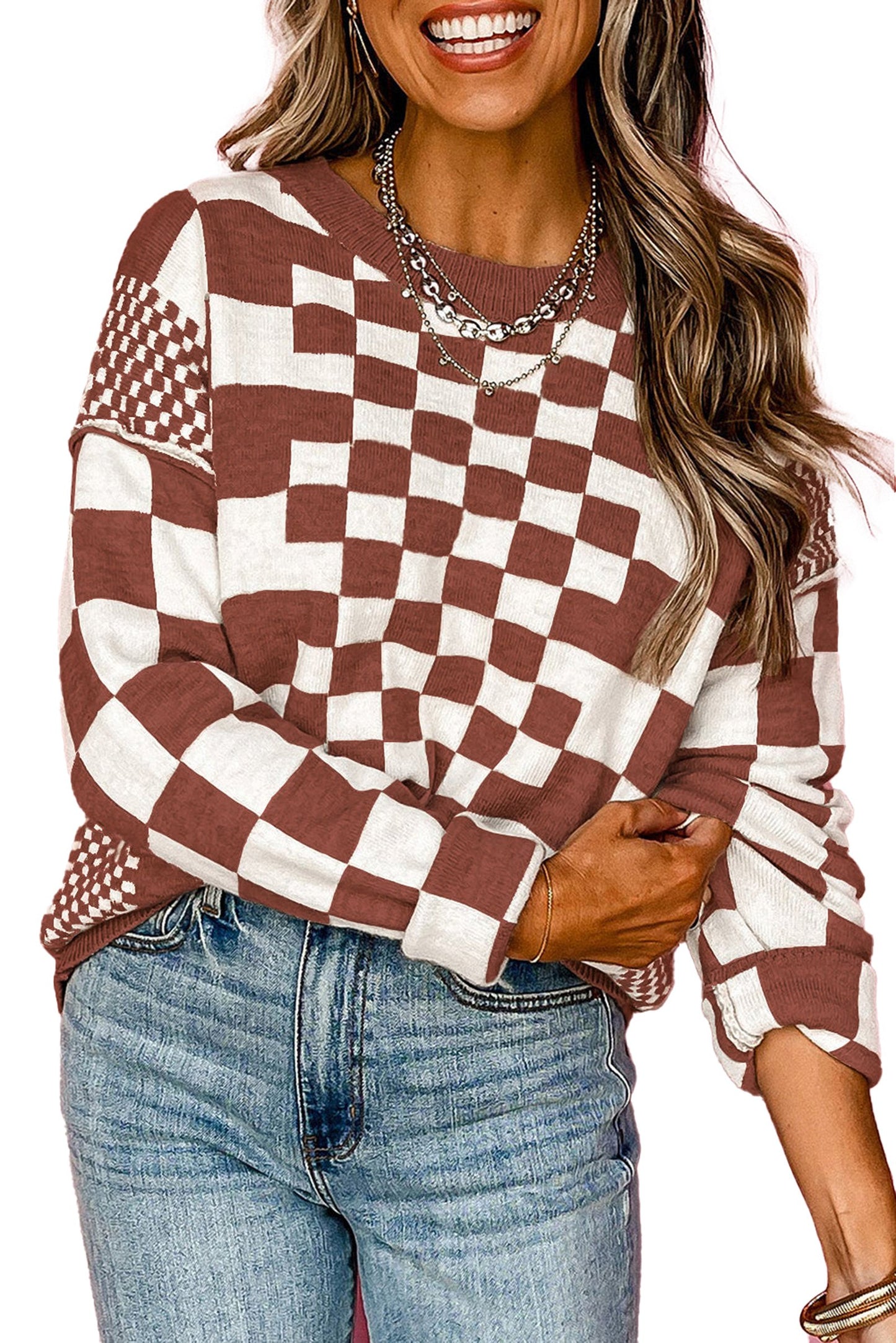 LuckeLadybug Women's Black Checkered Sweater featuring a stylish checkerboard pattern