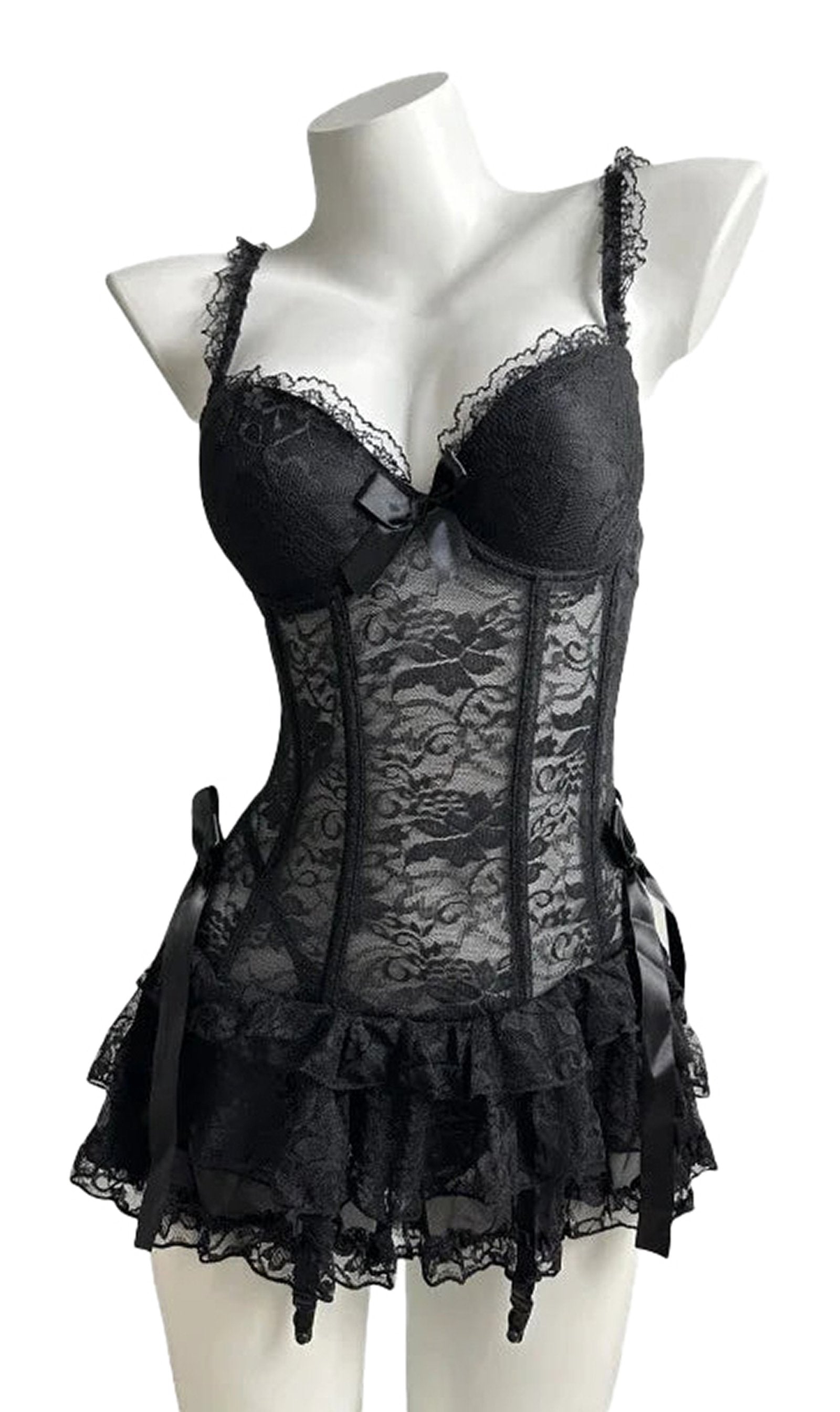 Luxurious black corset lingerie dress with lace detailing and ruffled skirt for seductive elegance