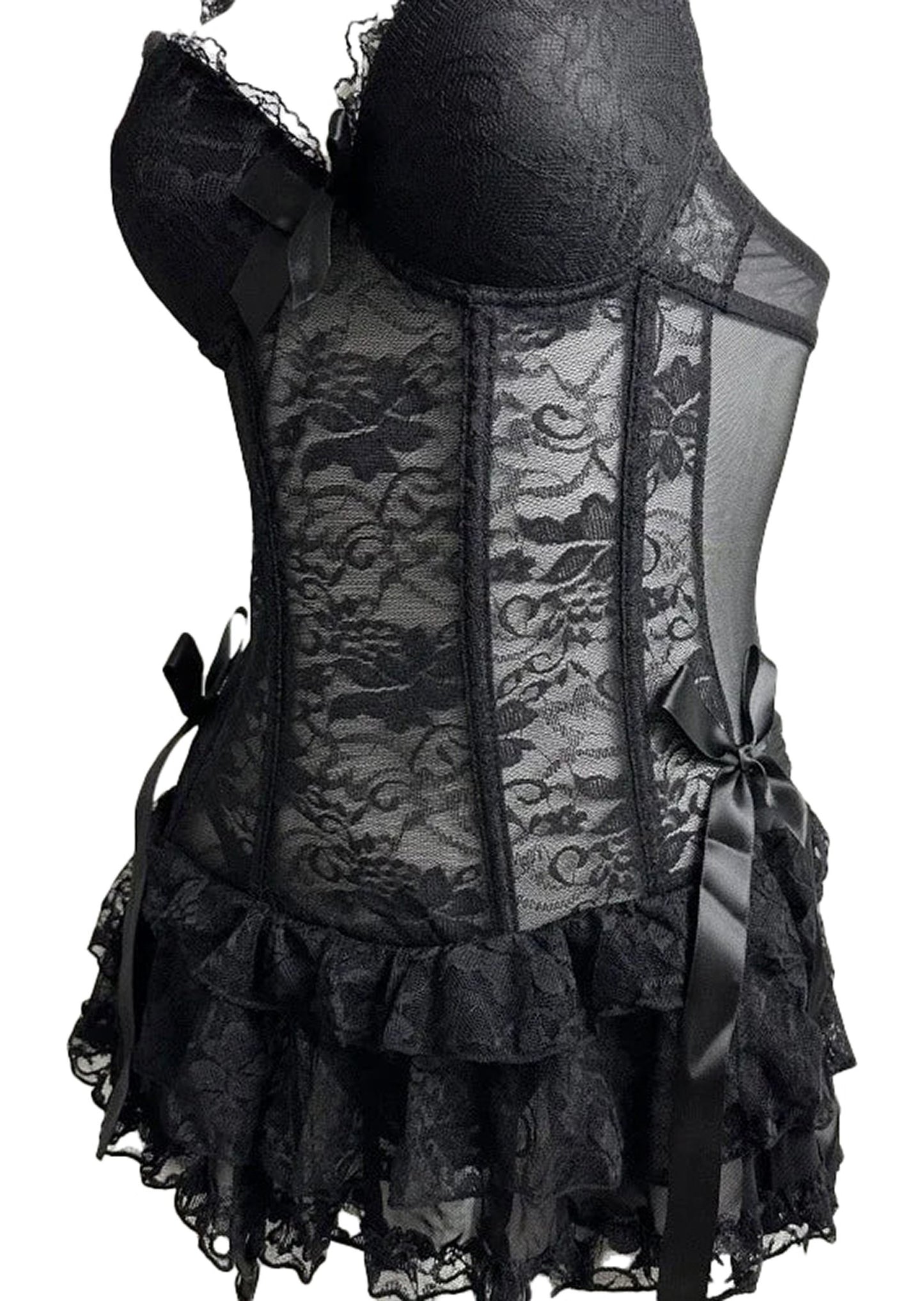 Elegant black corset lingerie dress with lace detailing and ruffled skirt for a sensual look