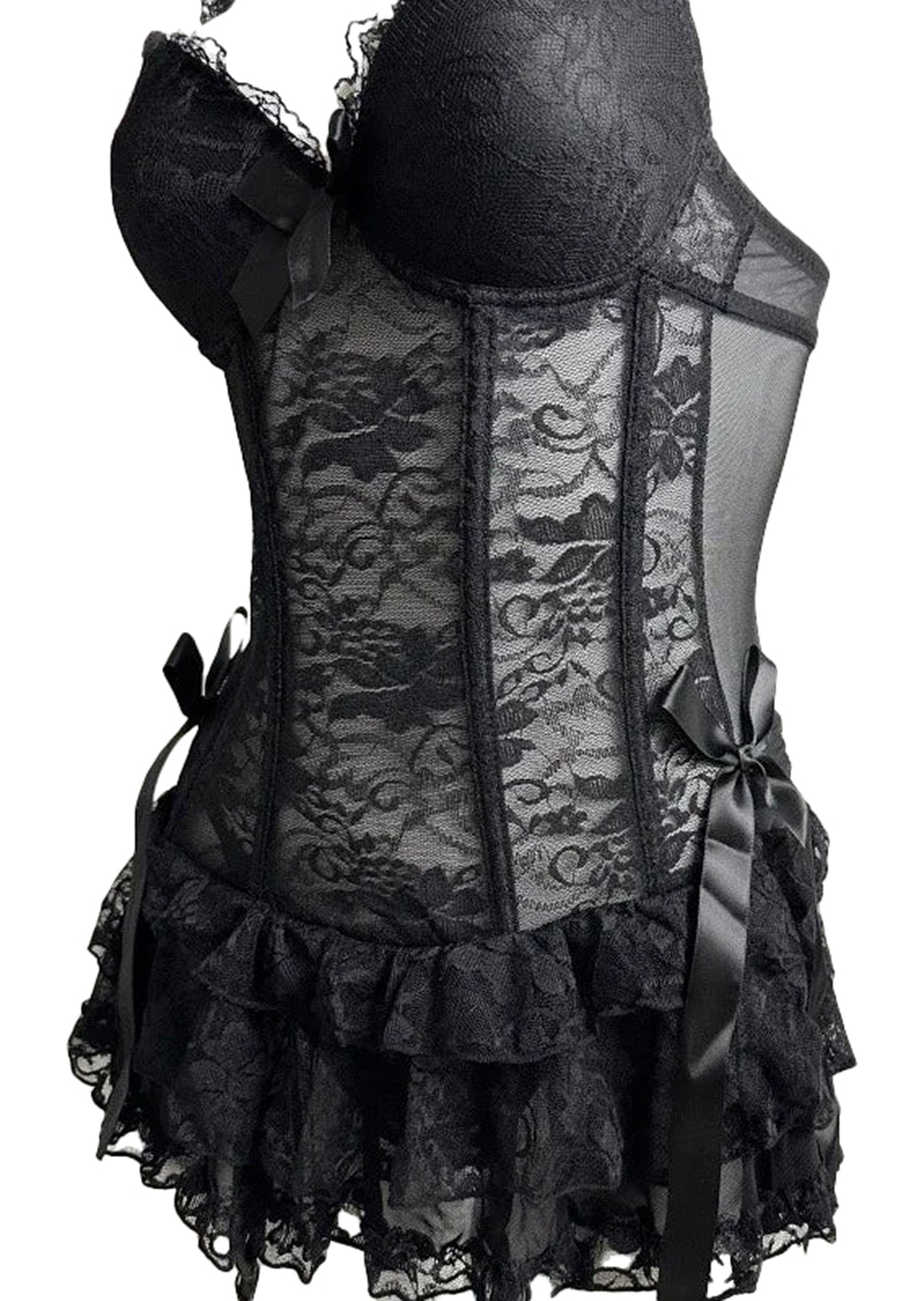 Elegant black corset lingerie dress with lace detailing and ruffled skirt for a sensual look