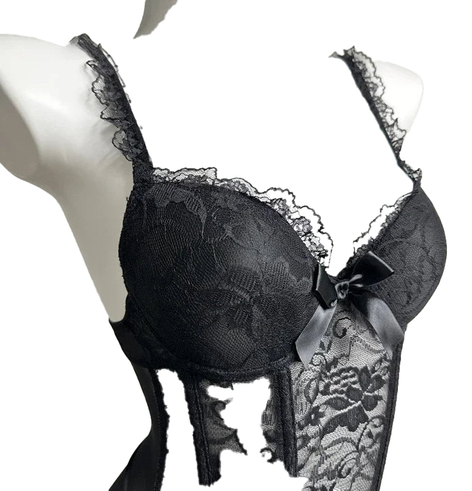 Black corset lingerie dress with lace details and satin bow for a seductive look