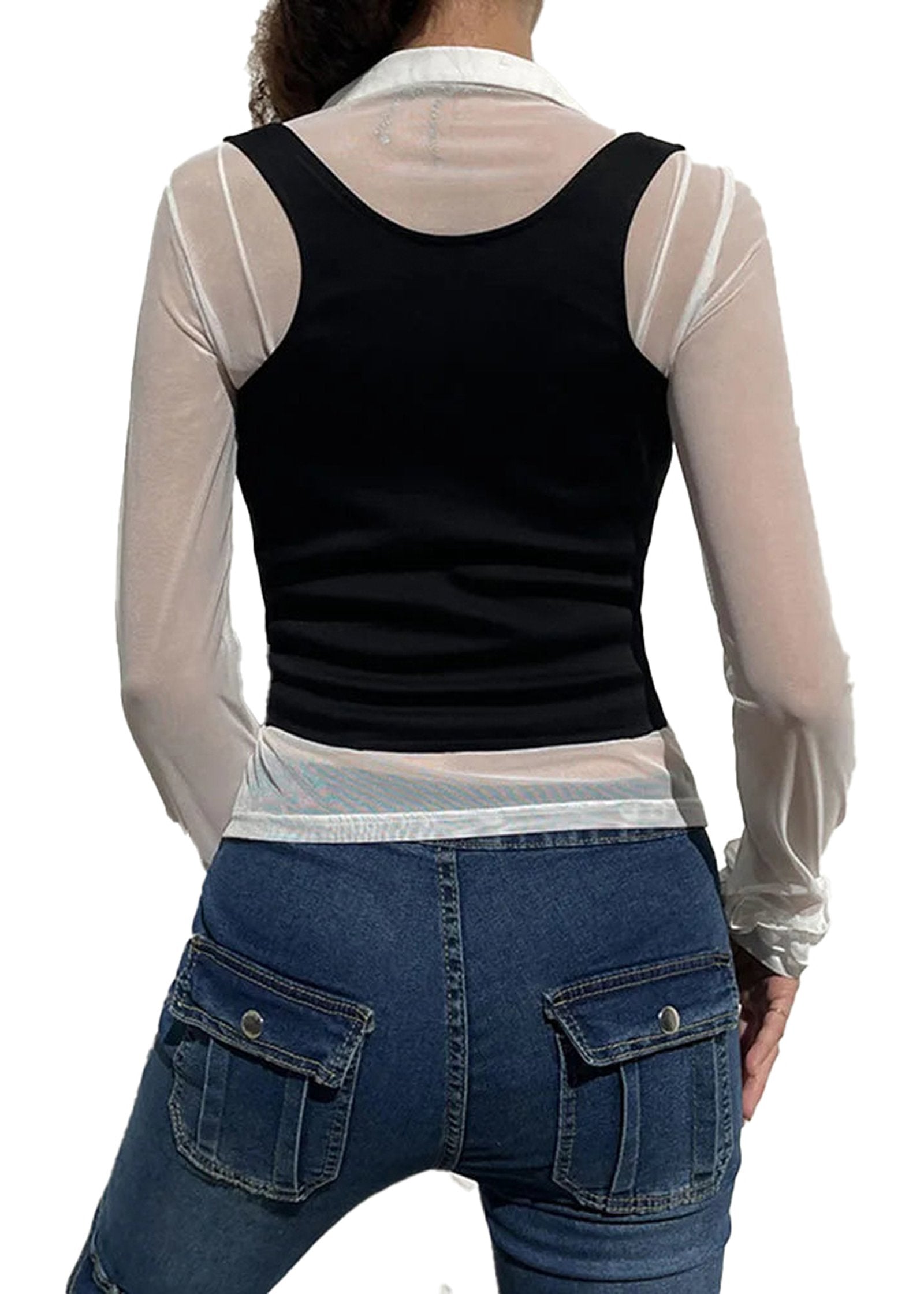 Black corset vest for women featuring a fitted design and stylish layering with a sheer shirt