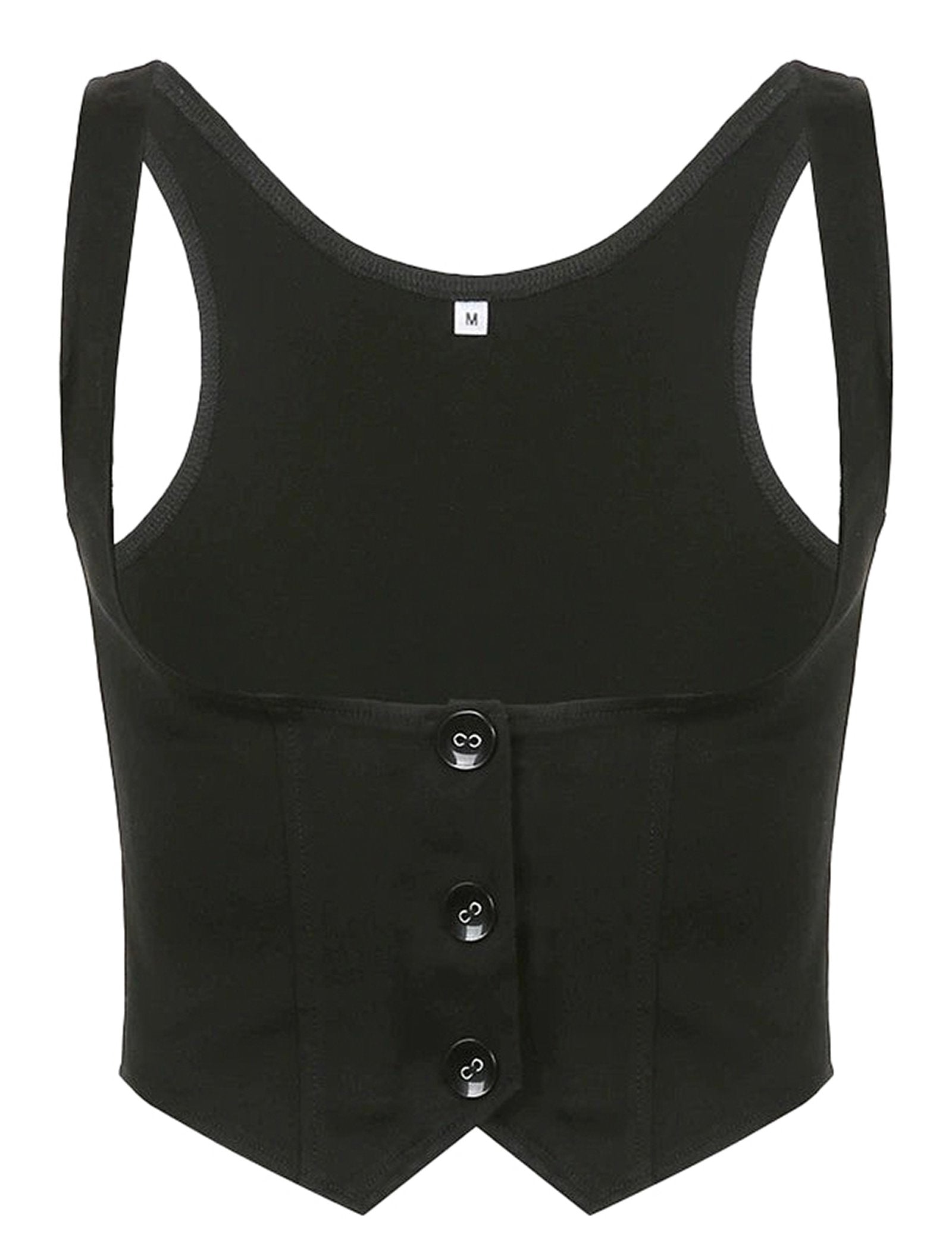 Black corset vest for women with a stylish design and button closure by LuckeLadybug LLC