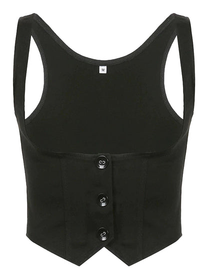 Black corset vest for women with a stylish design and button closure by LuckeLadybug LLC