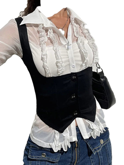 Stylish black corset vest for women over a white ruffled shirt for a trendy look