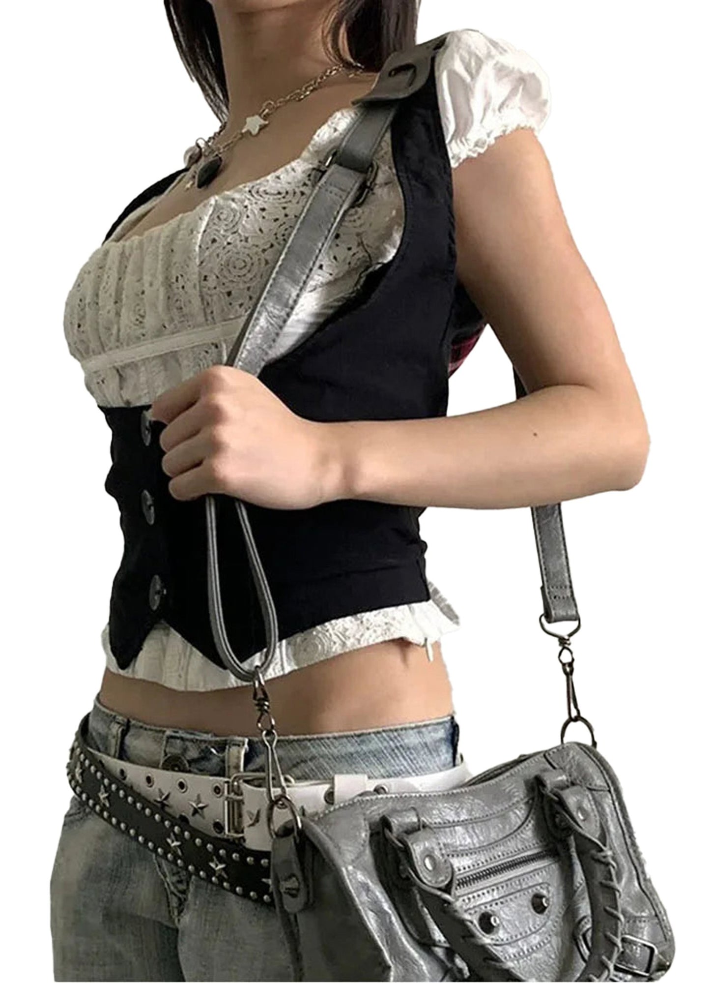 Stylish black corset vest for women paired with a blouse and accessorized with a handbag