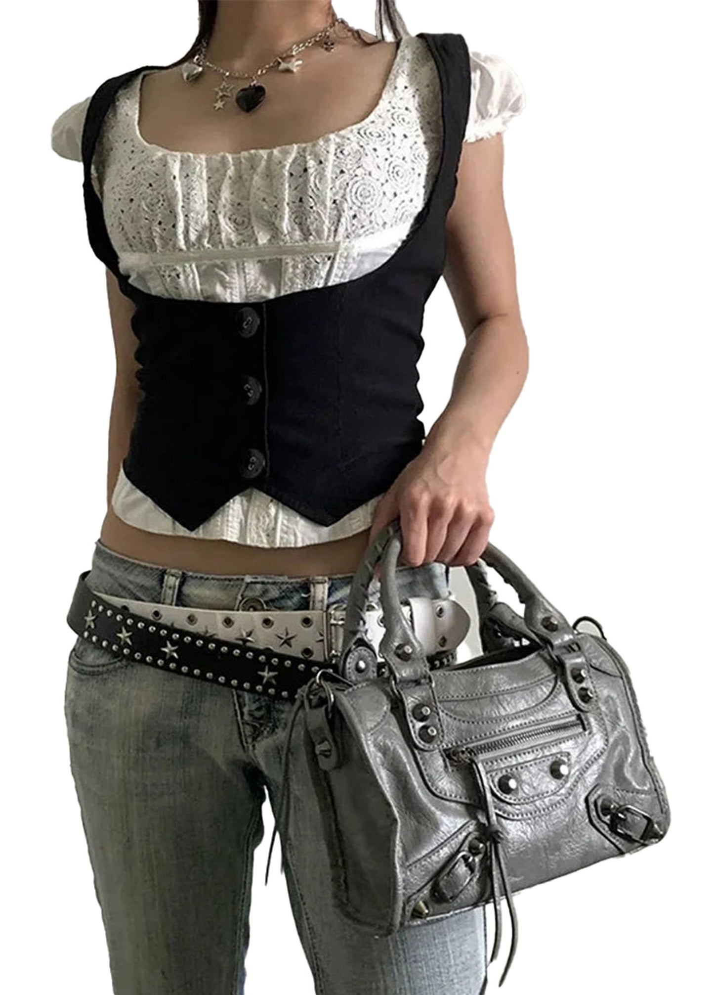 Stylish black corset vest for women paired with a white top and silver handbag