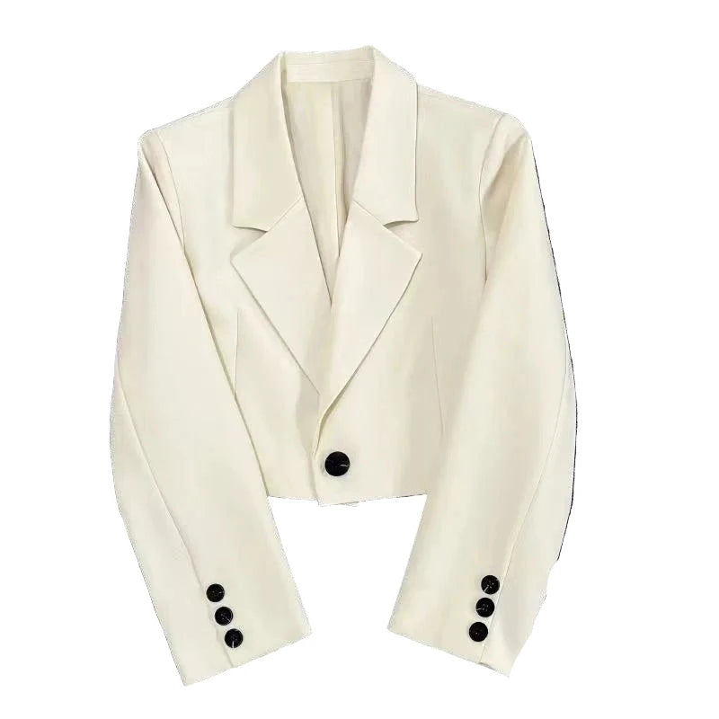 LuckeLadybug white cropped blazer for women with stylish button details and tailored fit