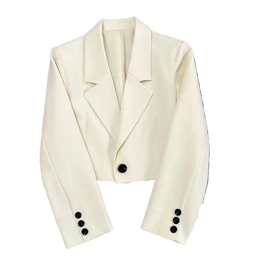 LuckeLadybug white cropped blazer for women with stylish button details and tailored fit