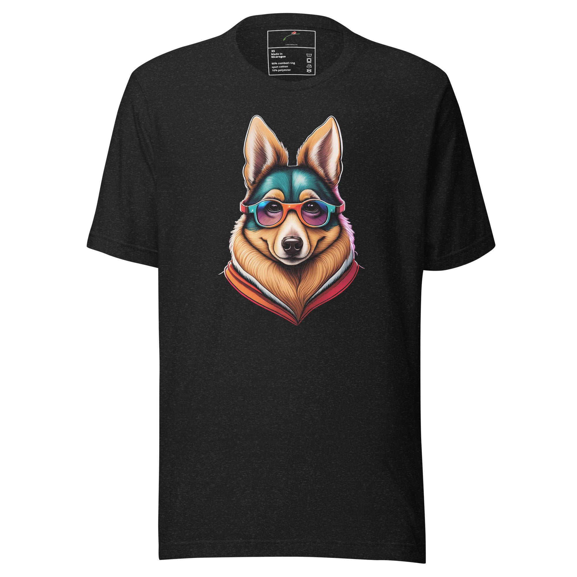 LuckeLadybug black Dawg graphic tee featuring a dog wearing sunglasses and a colorful jacket