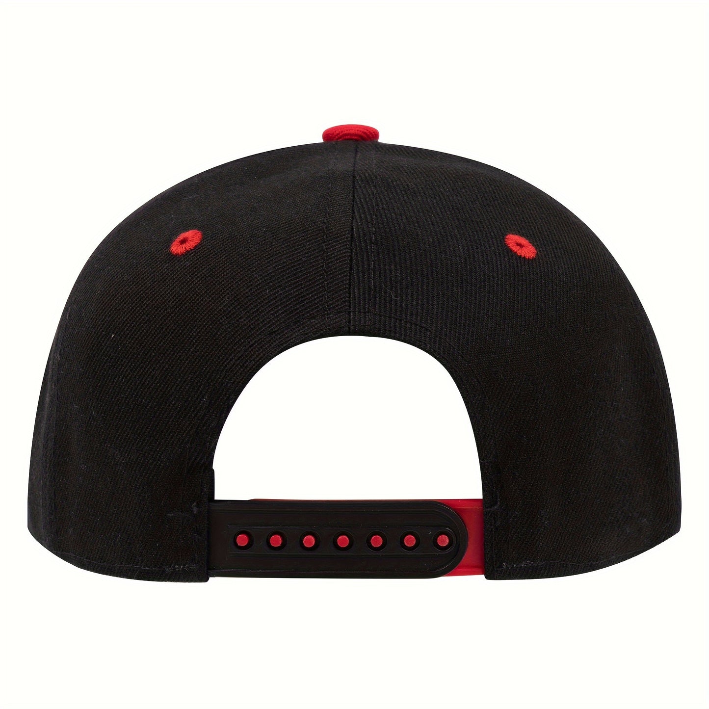 Back view of a black embroidered hip hop dad hat with red accents and adjustable snapback closure