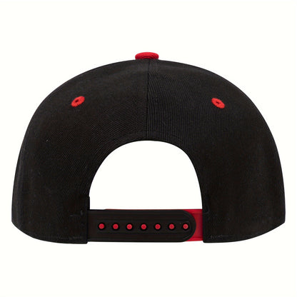 Back view of a black embroidered hip hop dad hat with red accents and adjustable snapback closure