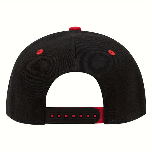 Back view of a black embroidered hip hop dad hat with red accents and adjustable snapback closure
